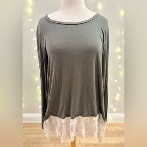 Olive Green Long Sleeve Ivory Lace Bottom Top